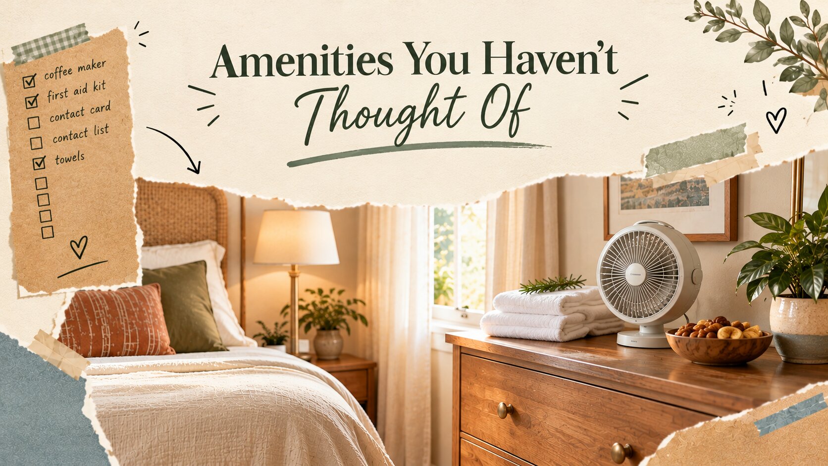 Amenities you haven't thought of collage with a bedside fan, fresh towels and a guest essentials checklist