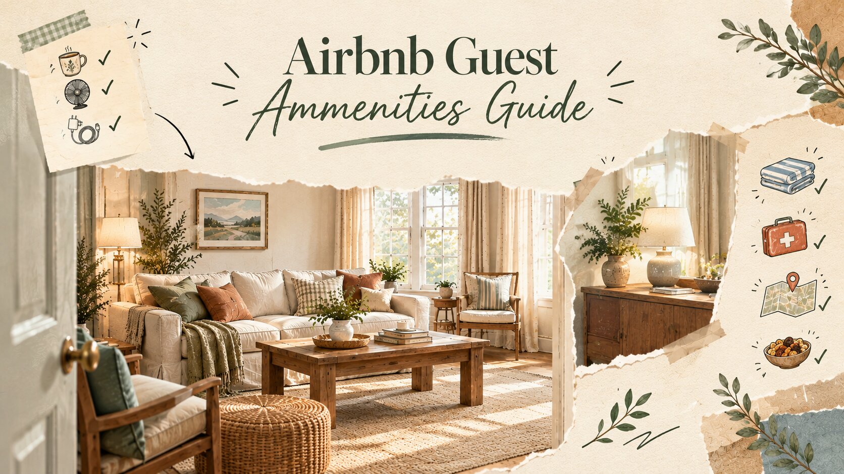 Airbnb guest amenities guide collage featuring a welcoming living room and guest essentials
