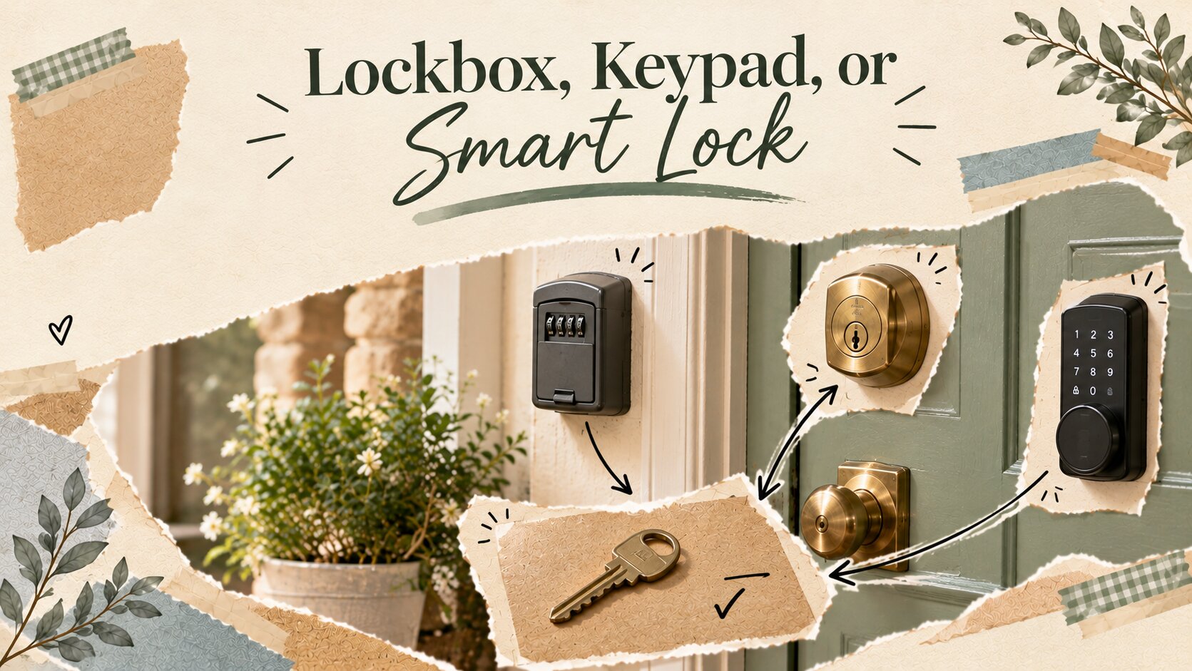 Airbnb check-in comparison illustration showing a lockbox, keypad and smart lock