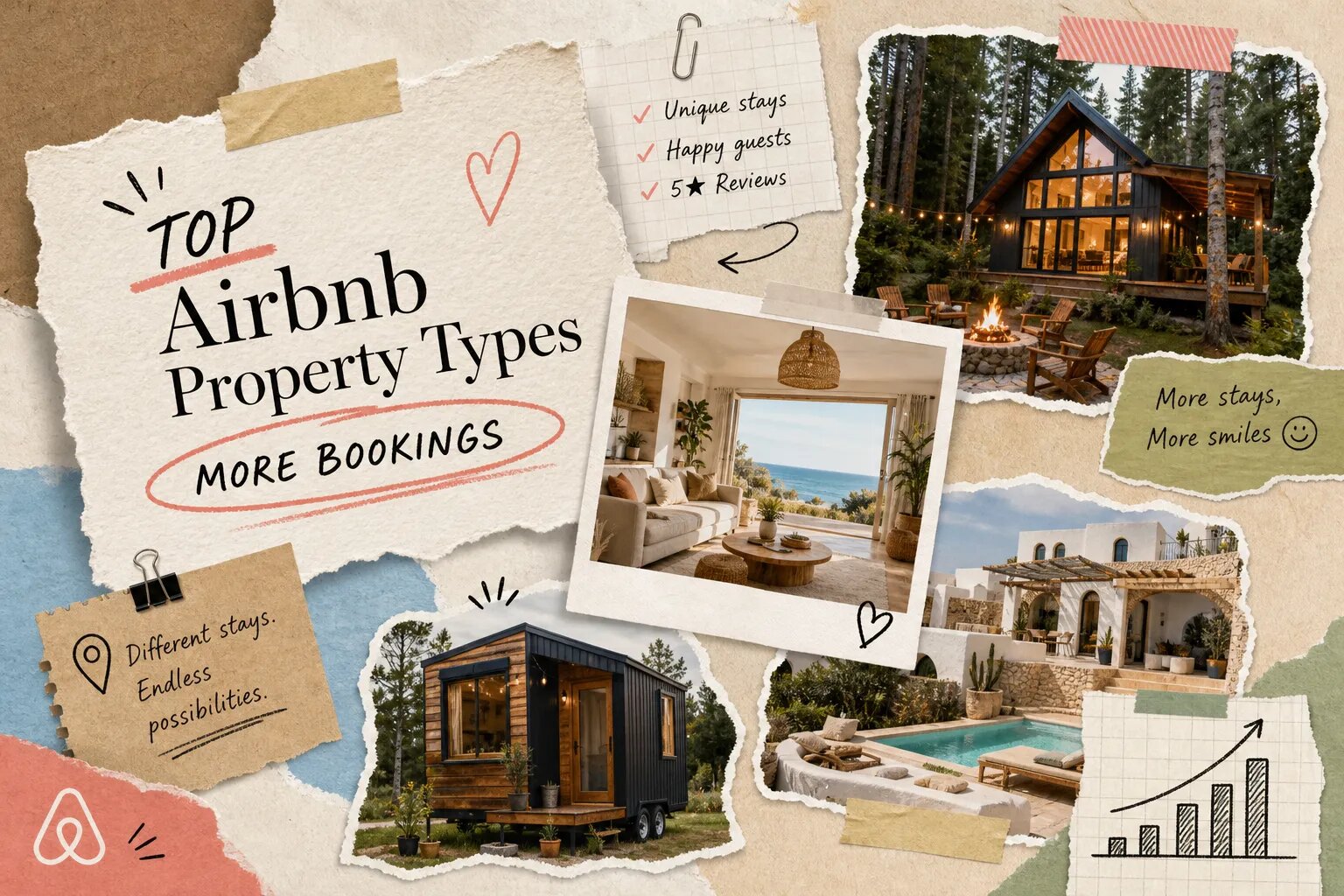 Illustrated collage of cabin, apartment, villa and tiny-home Airbnb property types.