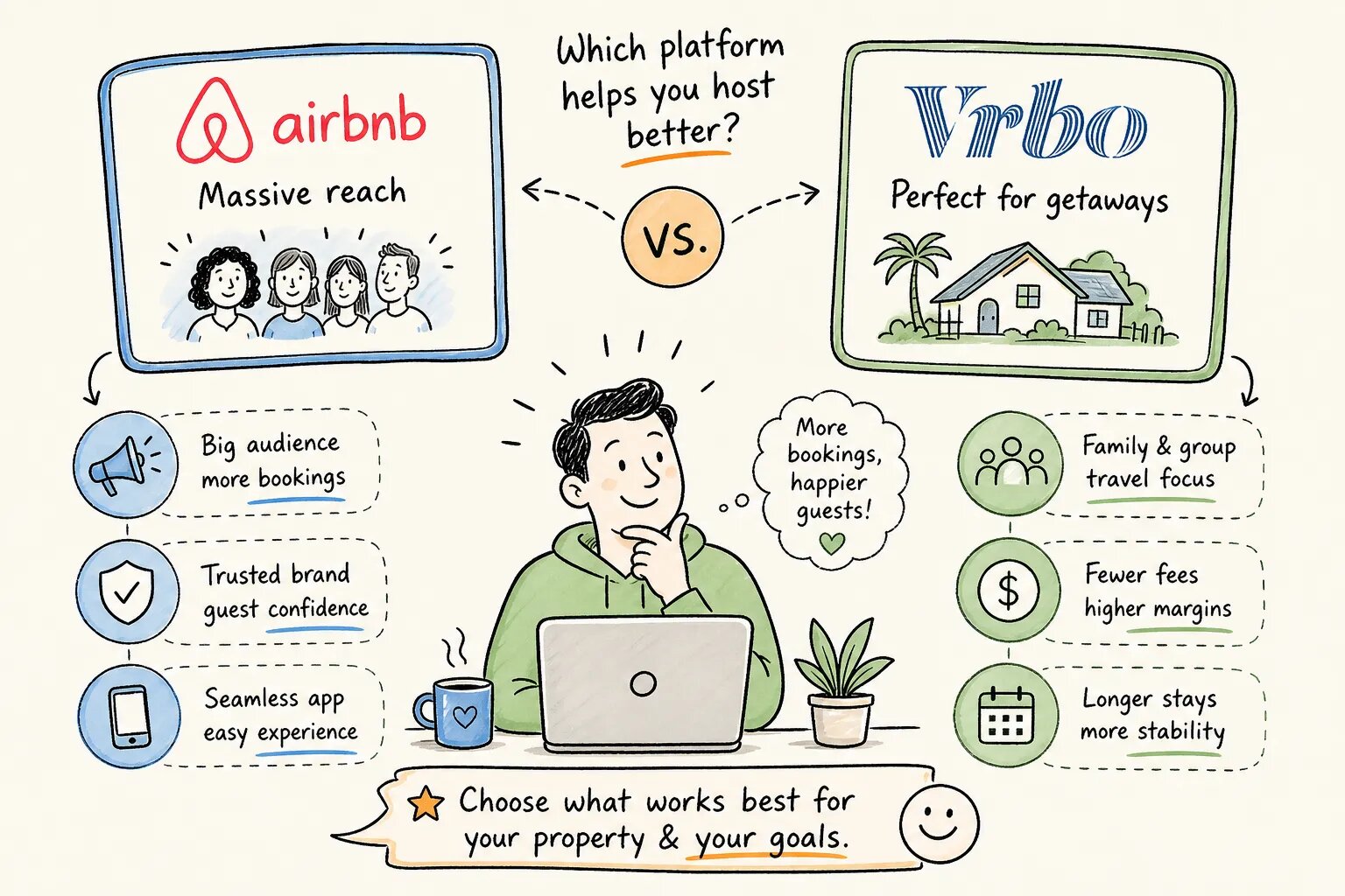 Illustrated comparison of Airbnb and Vrbo hosting audiences and features.