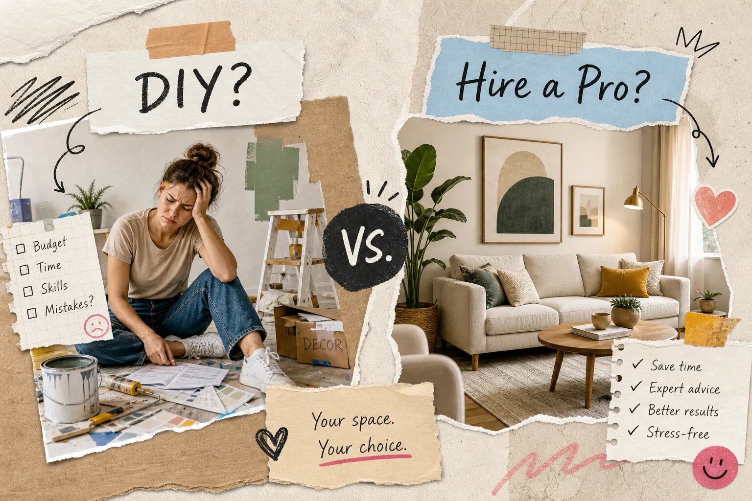 DIY rental decorating compared with a professionally styled living room.